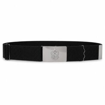 Black security guard uniform waist belt with silver metal buckle Close-up of silver buckle on security guard black belt Adjustable black waist belt for security guard uniform Security guard wearing black uniform belt with silver buckle