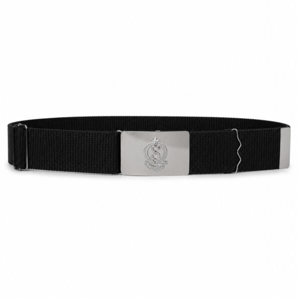 Black security guard uniform waist belt with silver metal buckle Close-up of silver buckle on security guard black belt Adjustable black waist belt for security guard uniform Security guard wearing black uniform belt with silver buckle